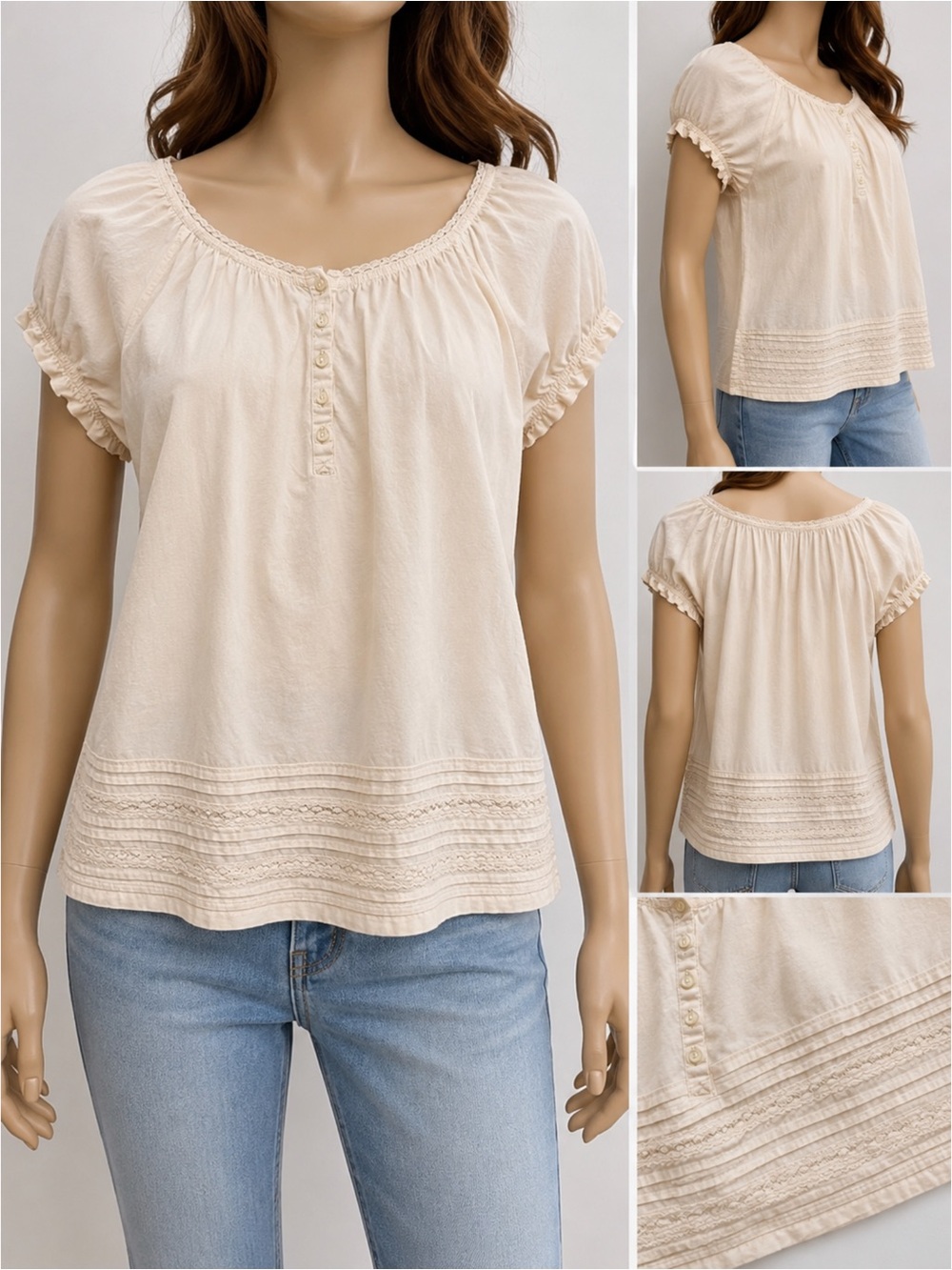 LRL Lauren Jeans Co Ralph Lauren Ivory Crochet Peasant Top M